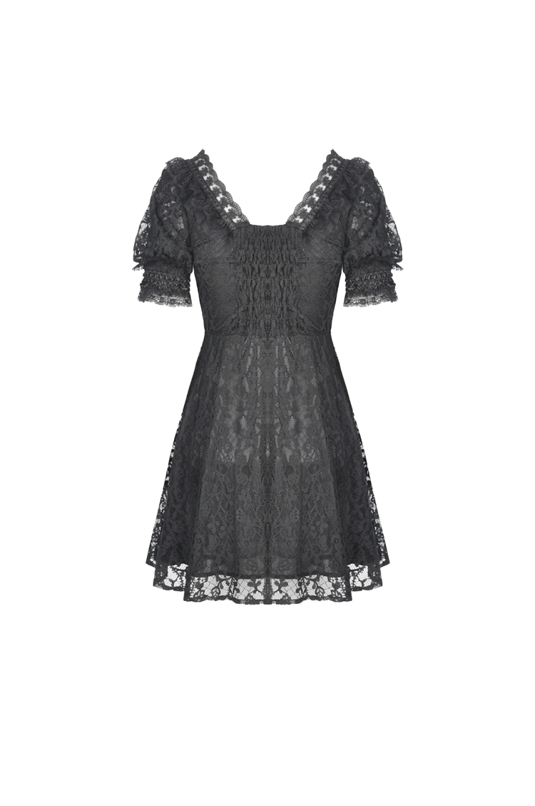 Elegant black lace dress with puff sleeves and ribbon detail, perfect for gothic style gatherings.