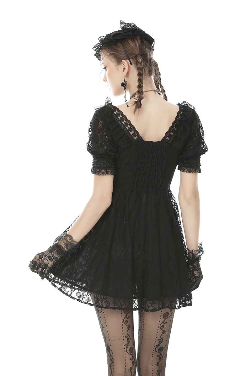 Elegant women's gothic black lace mini dress with puff sleeves and ribbon detail.