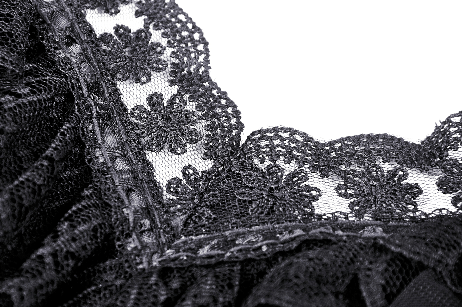 Close-up of black lace fabric with floral patterns and delicate edging, showcasing elegant details for a gothic style dress.