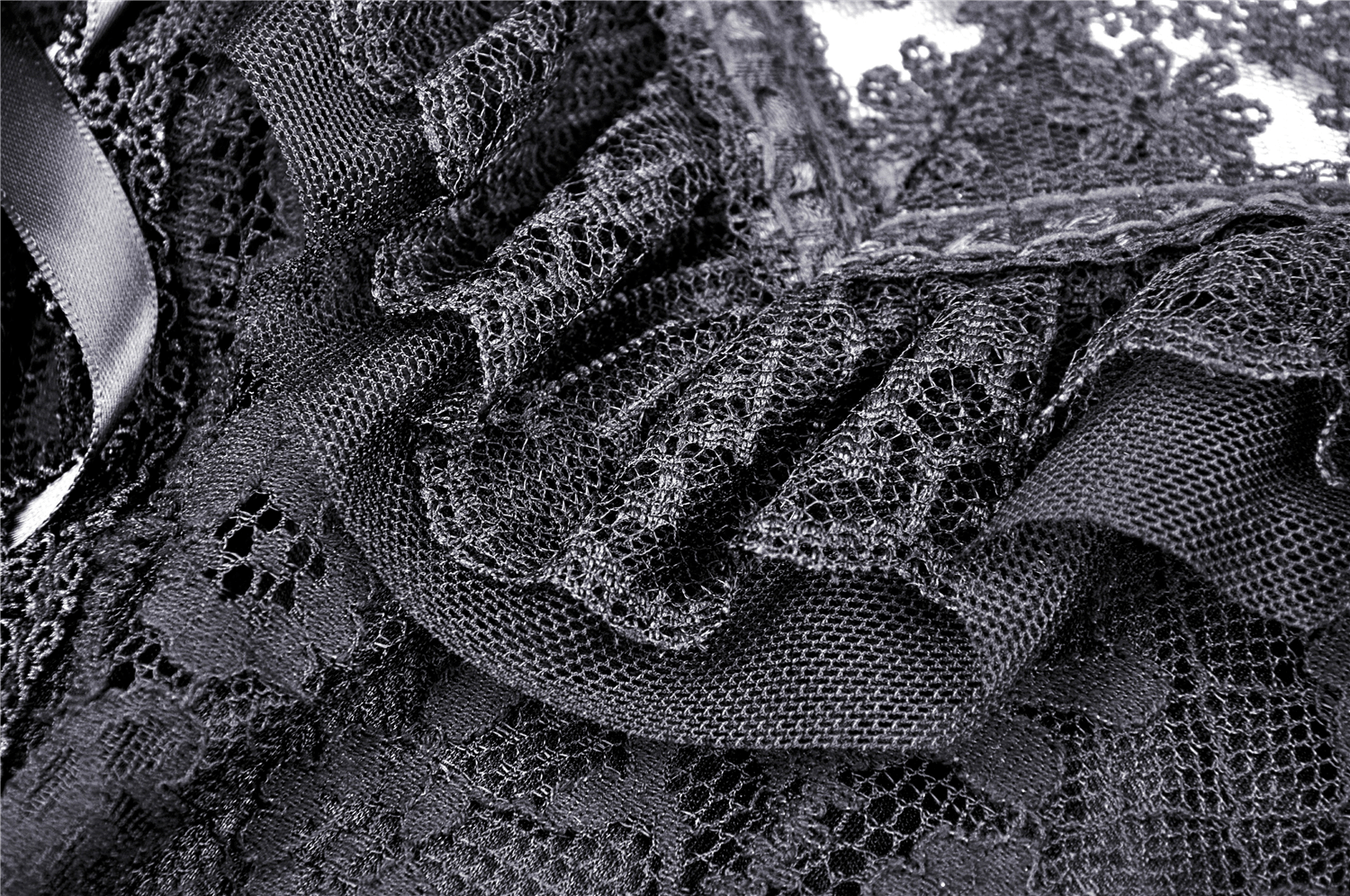 Close-up of black lace detail with ribbon and ruffled edges, showcasing elegance and gothic style for women's fashion.