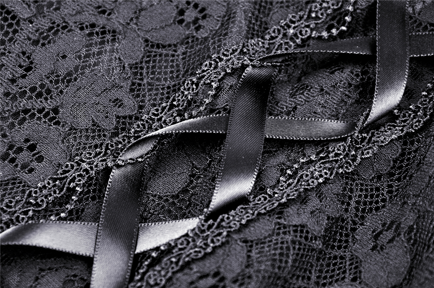 Close-up of elegant black lace fabric with intricate patterns and satin ribbon detailing.