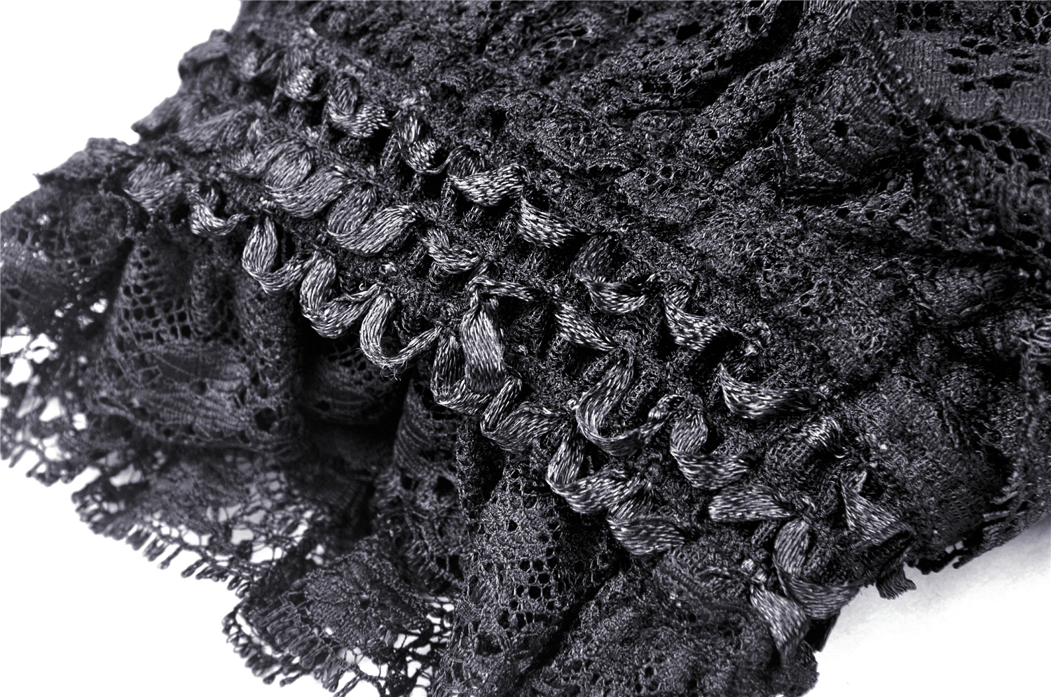 Close-up of elegant black lace fabric with intricate ribbon details and ruffled edges, perfect for gothic style dresses.