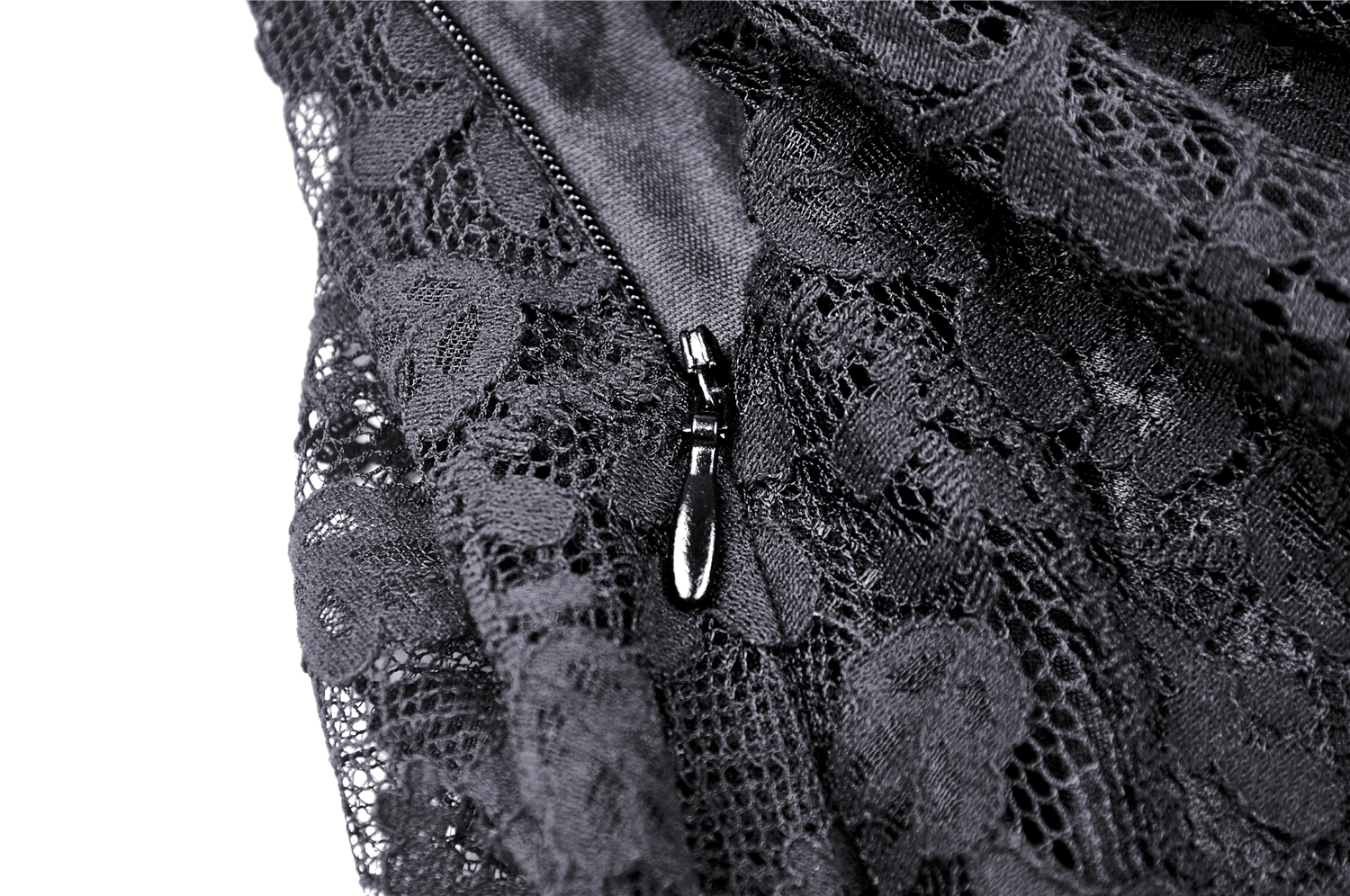 Close-up of black lace fabric with zipper detail, showcasing the intricate patterns of the elegant women's dress.