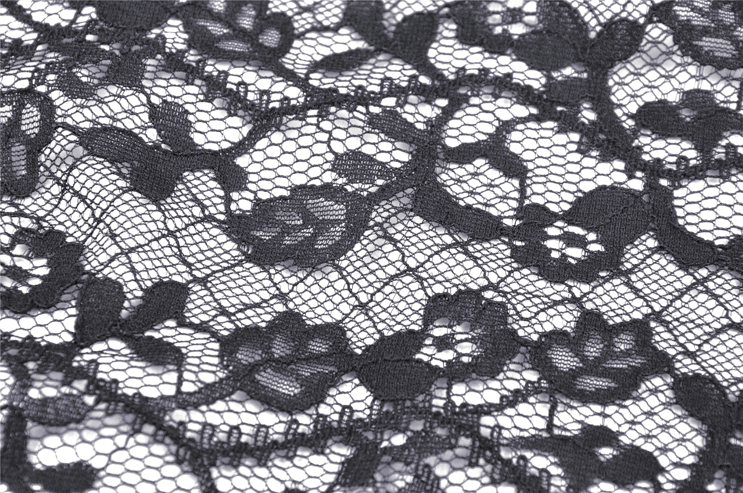 Intricate black lace fabric featuring floral patterns and delicate mesh details for elegant dress designs.