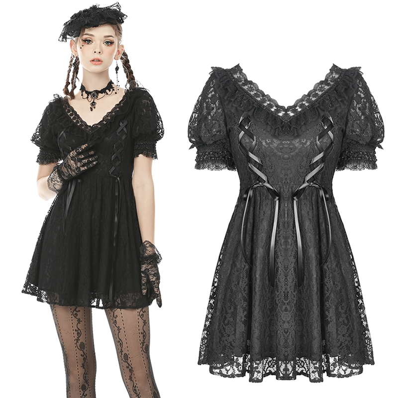 Elegant women's black lace mini dress with puff sleeves and ribbon details, perfect for gothic style fashion.