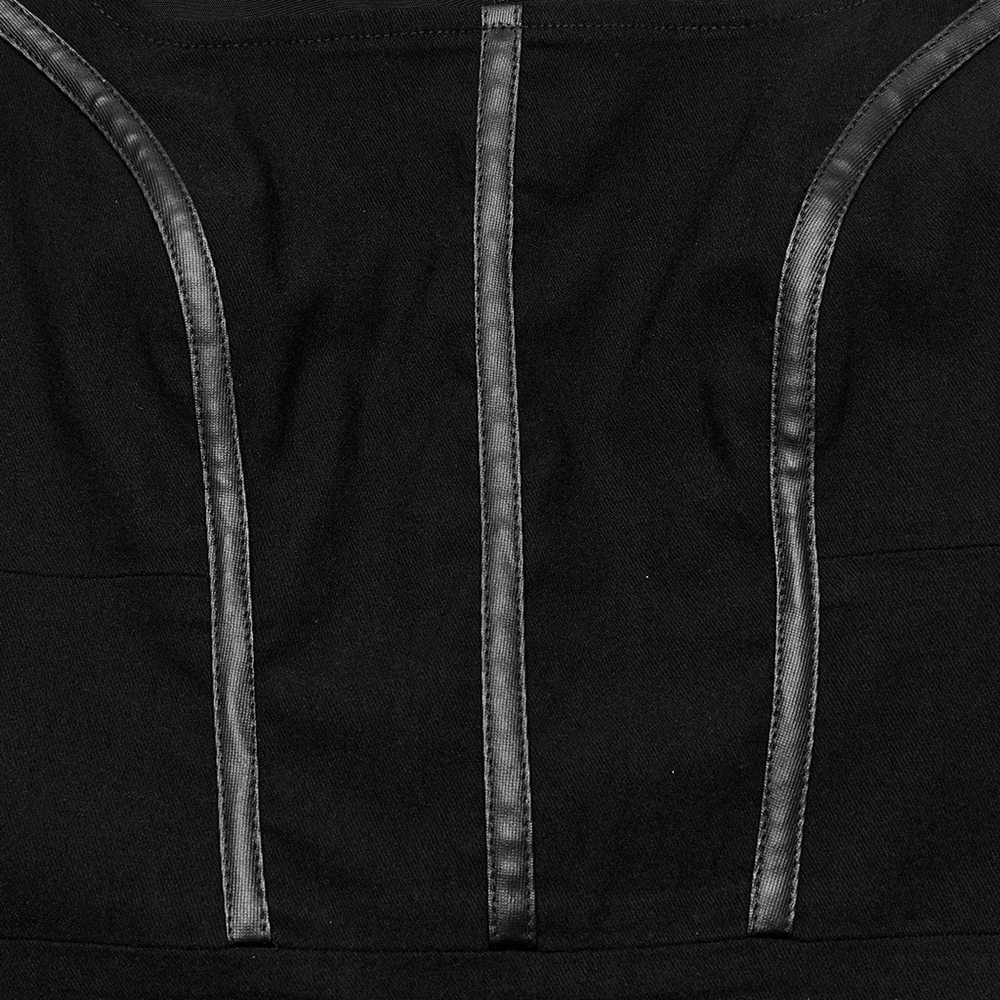 Close-up of an elegant black mini dress showcasing intricate lace-up detailing and stylish seams.