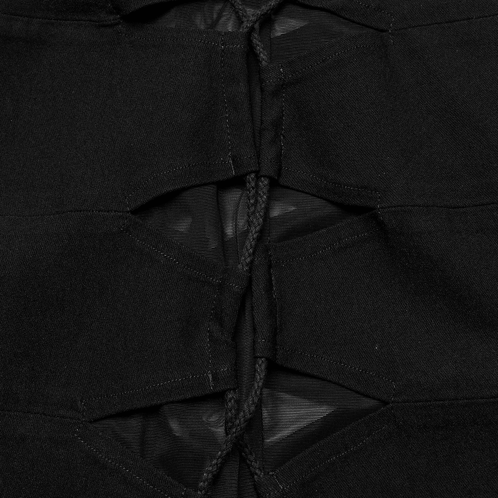 Close-up of the lace-up detail on an elegant women's black mini dress, showcasing stylish design and modern appeal.