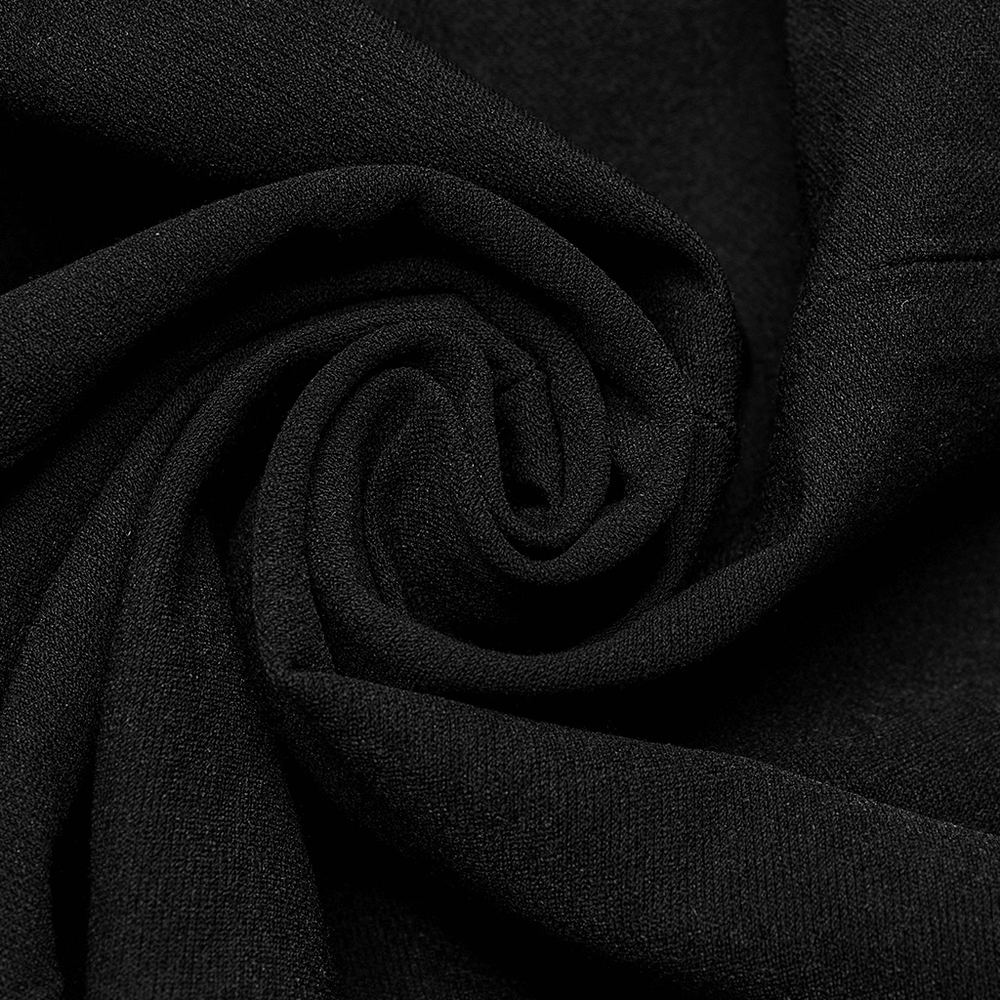 Close-up of elastic knitted black fabric, showcasing its soft texture and flexibility for a stylish mini dress.
