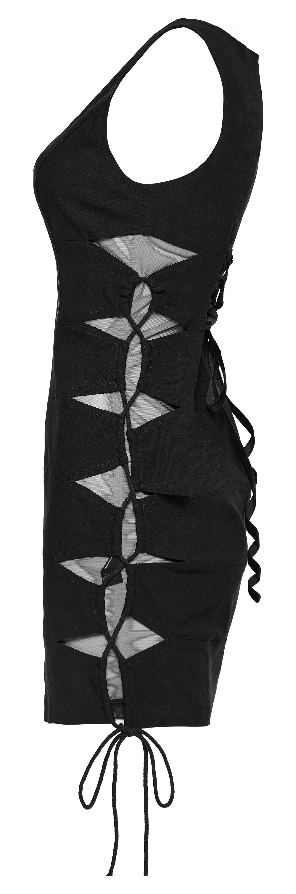 Elegant black mini dress featuring lace-up detail, crafted from elastic knitted fabric for a flexible fit.