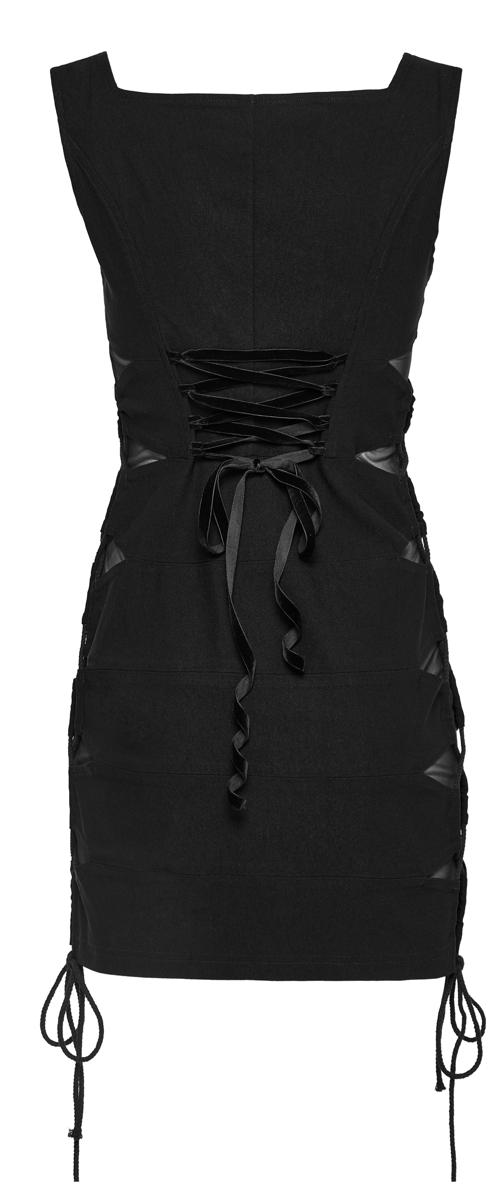 Elegant black mini dress featuring stylish lace-up detail and a flattering fit, perfect for evening wear.