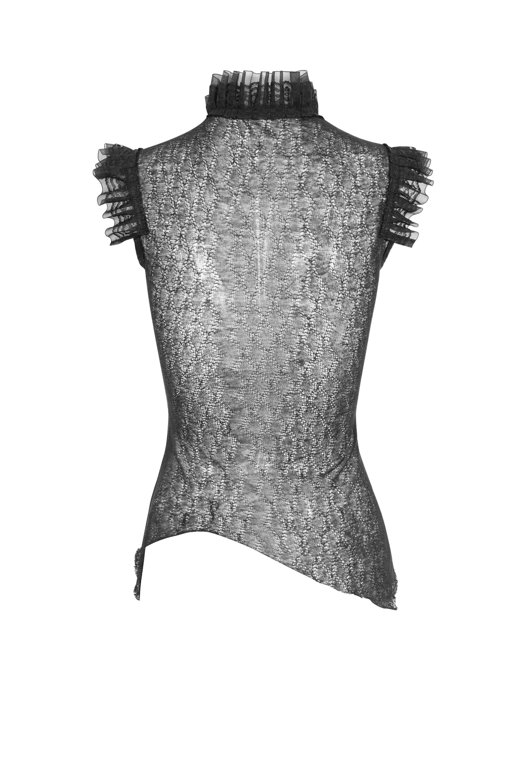 Back view of an elegant women's black sheer top with ruffled sleeves, perfect for a stylish night out.