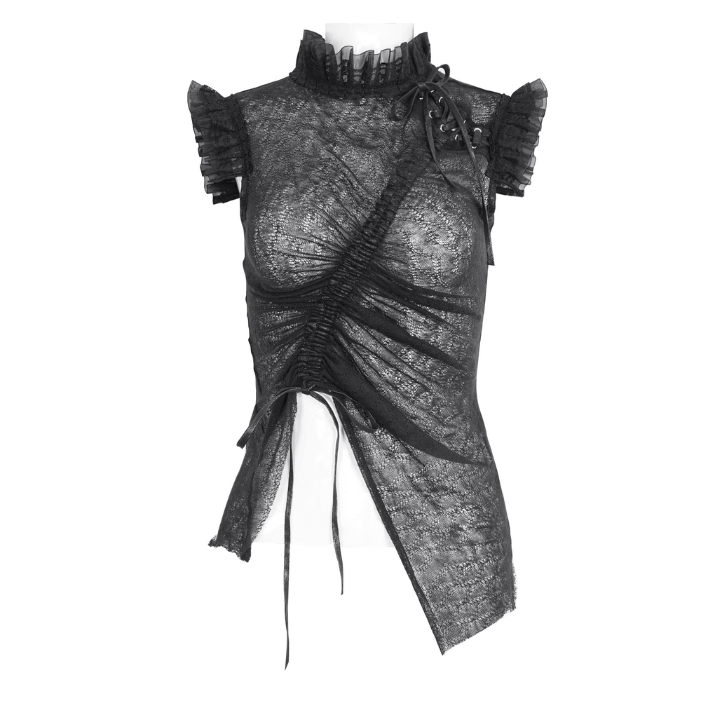 Elegant women's black sheer top with ruffles and dramatic design, perfect for a night out or special occasion.