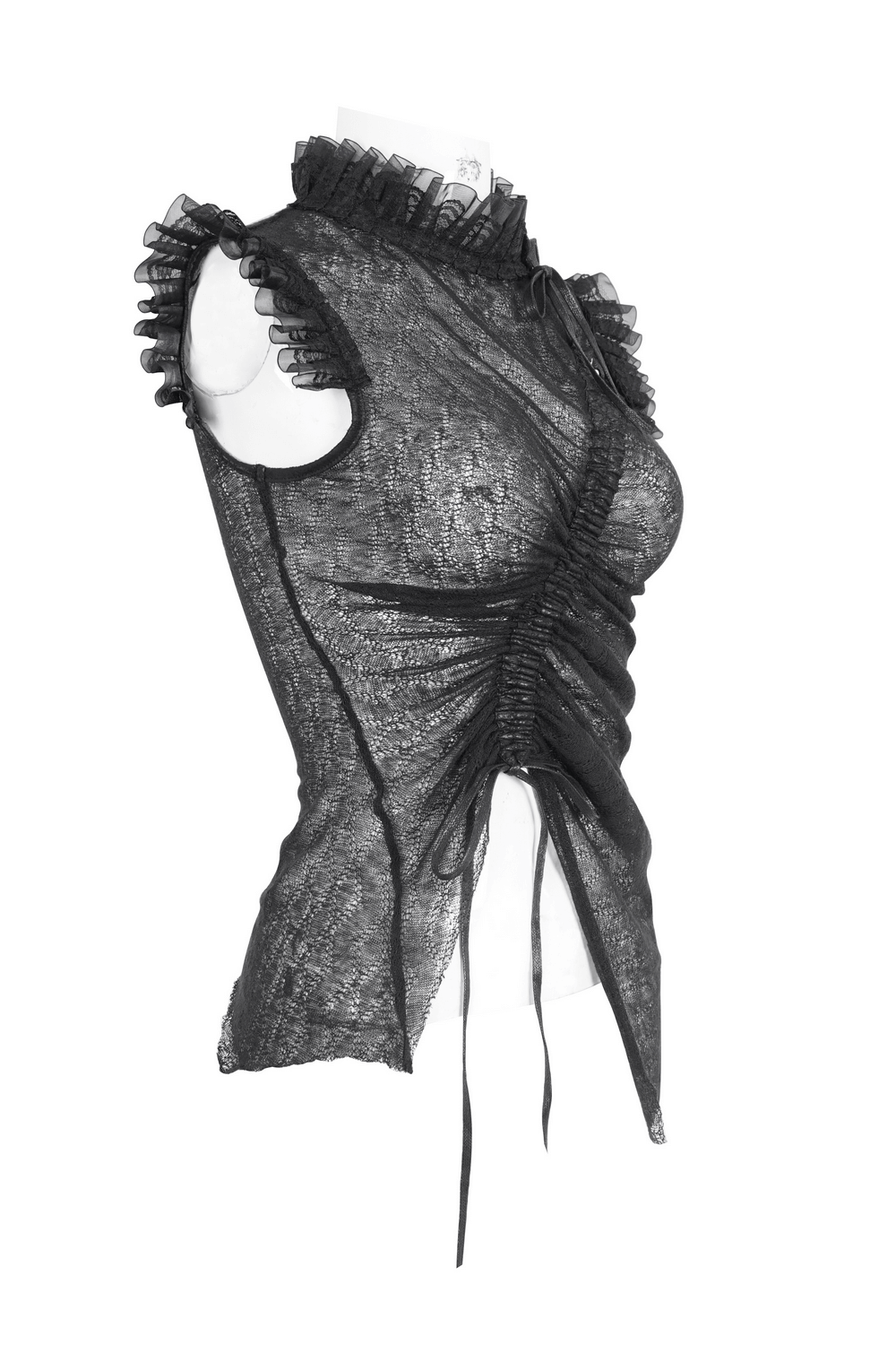 Elegant black sheer lace top with ruffles, perfect for night outs or special occasions.