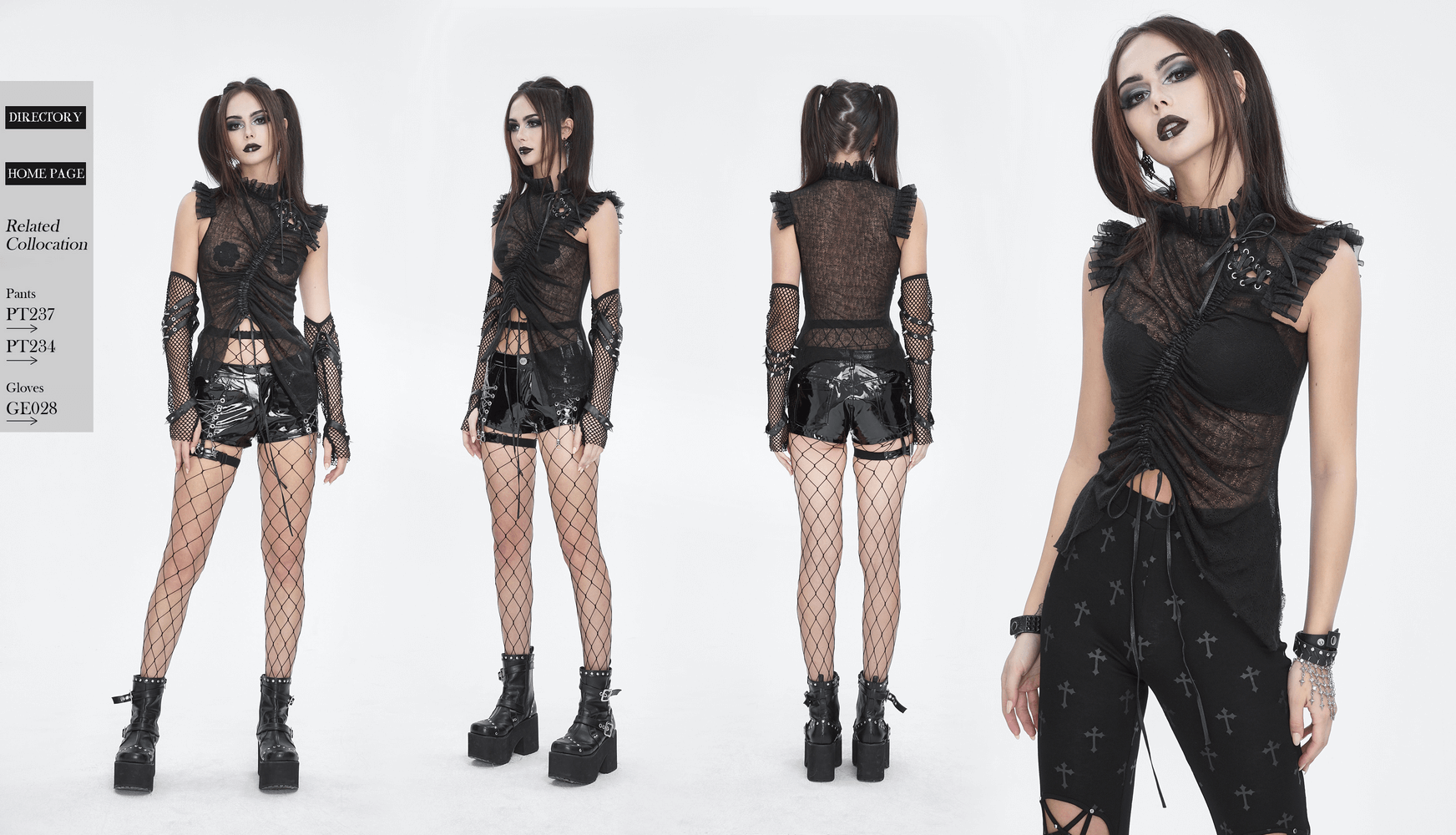 Elegant black sheer top with ruffles, styled with shorts and fishnet tights for a bold, fashion-forward look.