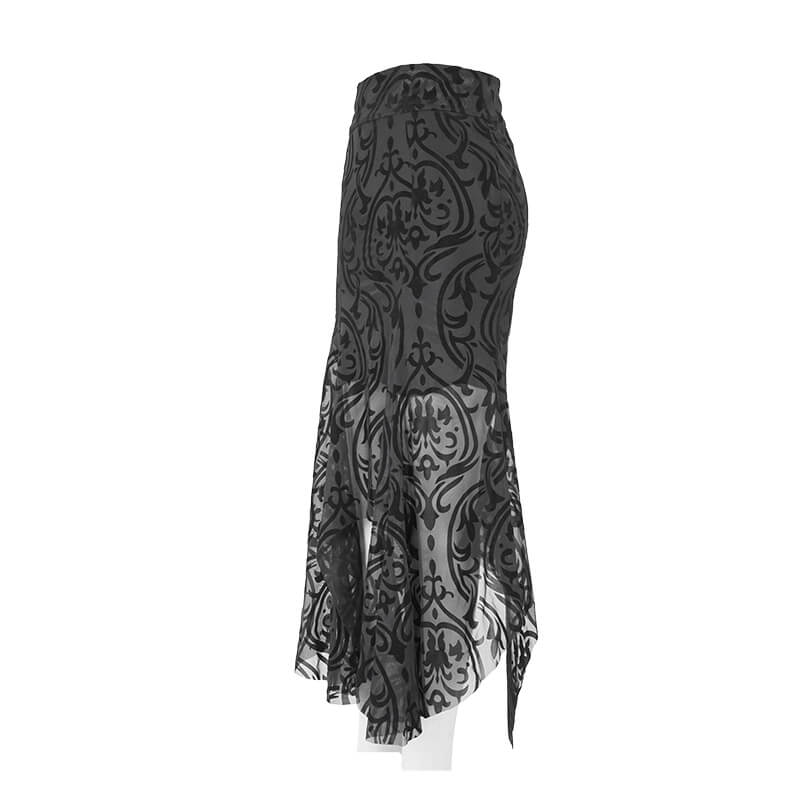 Elegant women's black gothic skirt with transparent ruffles and embossed patterns, ideal for chic outfits.