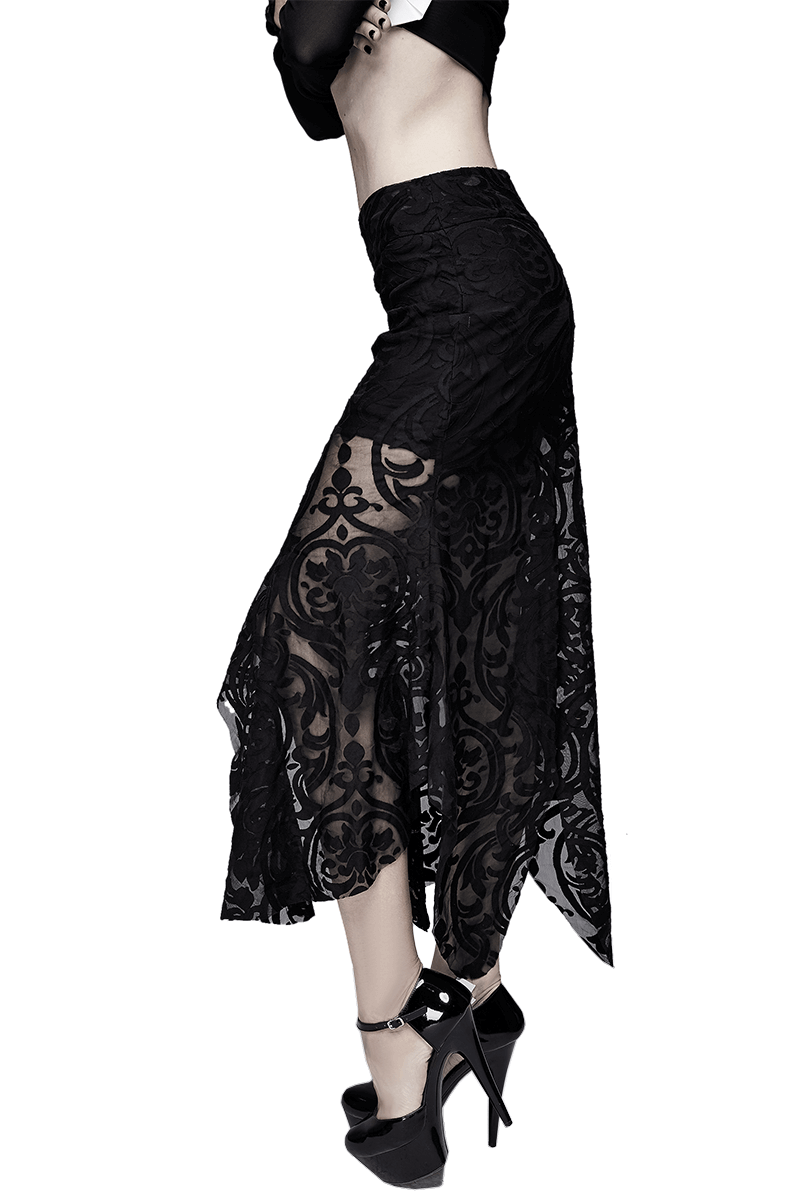 Elegant black gothic skirt with lace patterns and transparent ruffles, perfect for chic outfits.