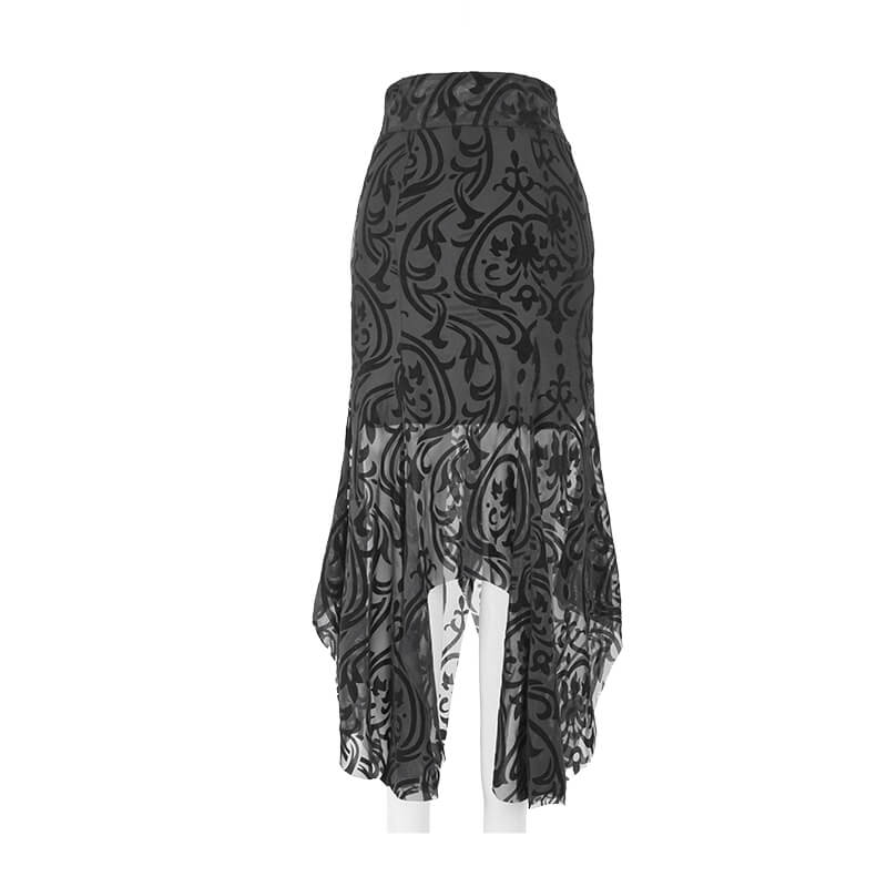 Elegant black gothic skirt with transparent ruffles and embossed patterns, perfect for chic outfits.
