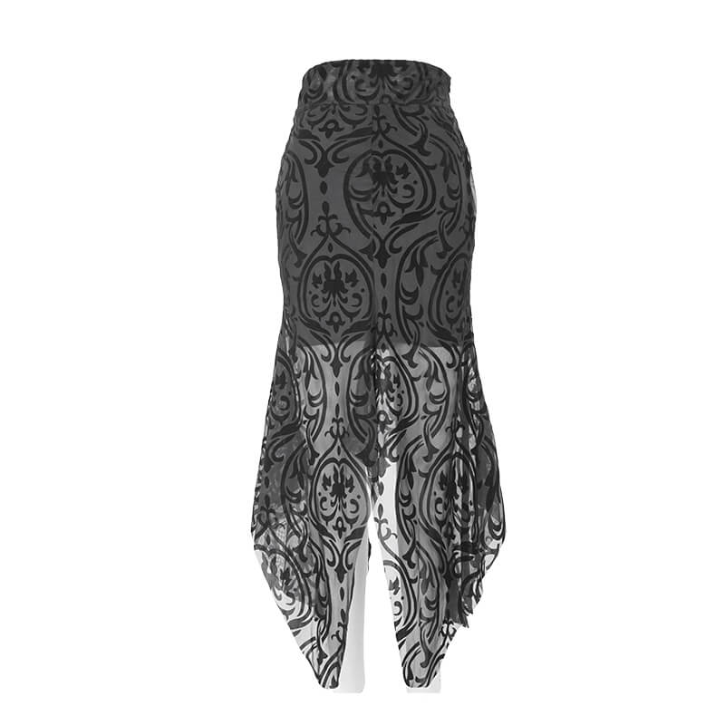 Elegant women's black gothic skirt with transparent ruffles and embossed patterns for chic outfits.