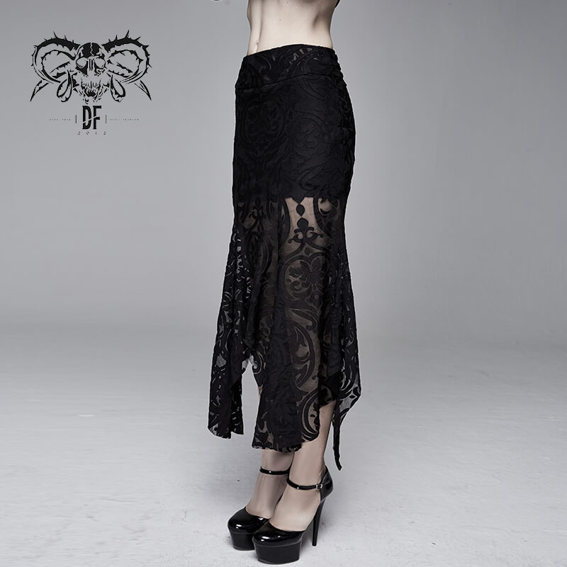 Elegant women's black skirt with transparent ruffles and gothic patterns, perfect for chic gothic outfits.