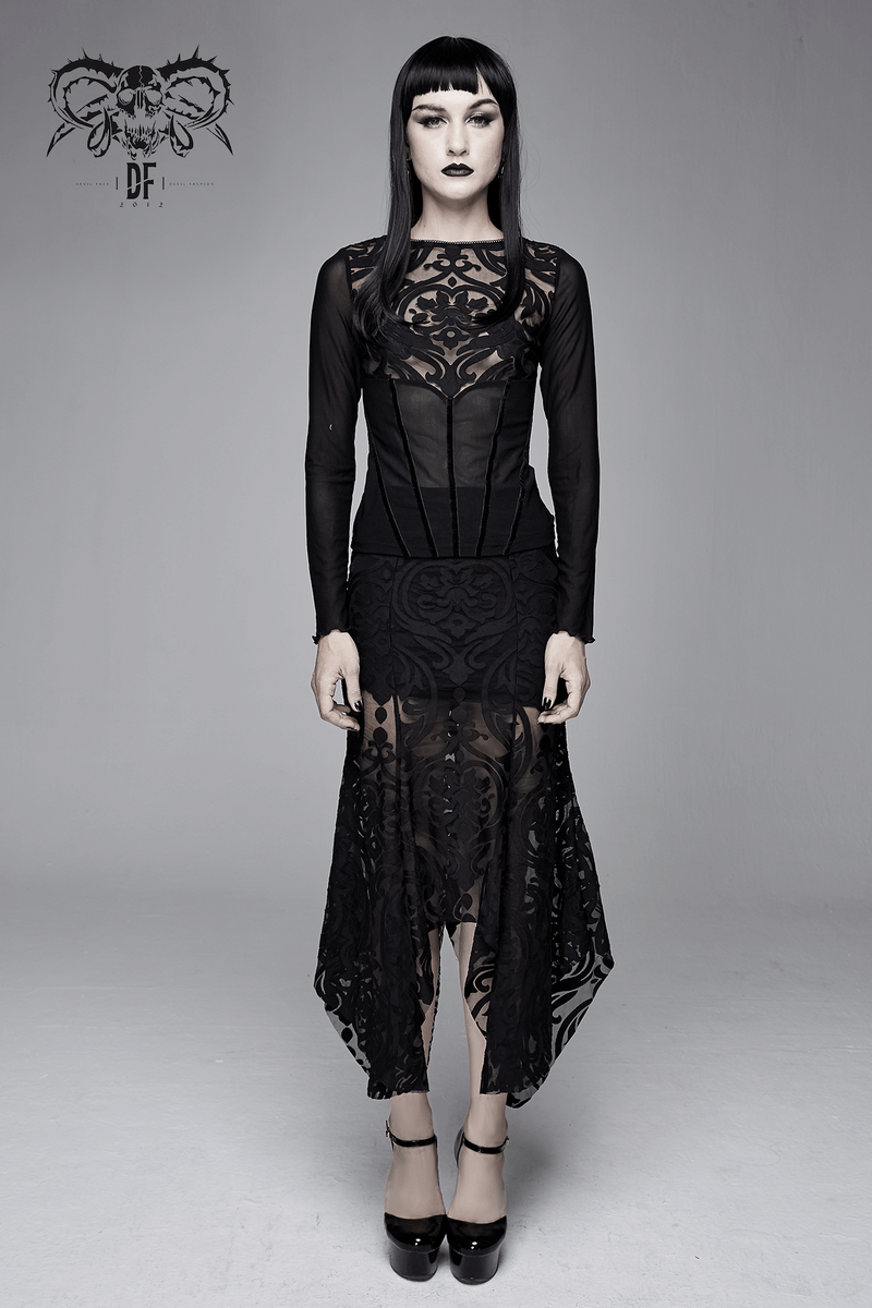 Elegant gothic black skirt with lace patterns and high waist fit for chic outfits.