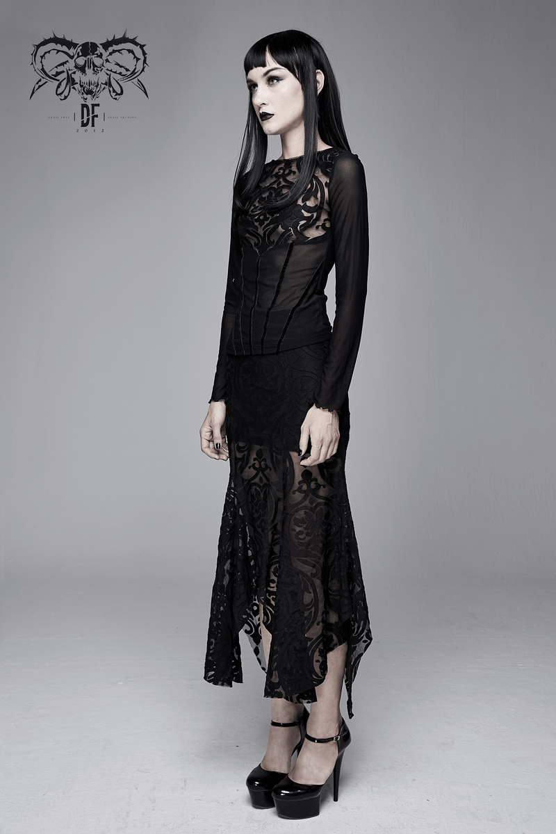 Elegant gothic women's black skirt with lace patterns and transparent ruffles, paired with a chic black top.