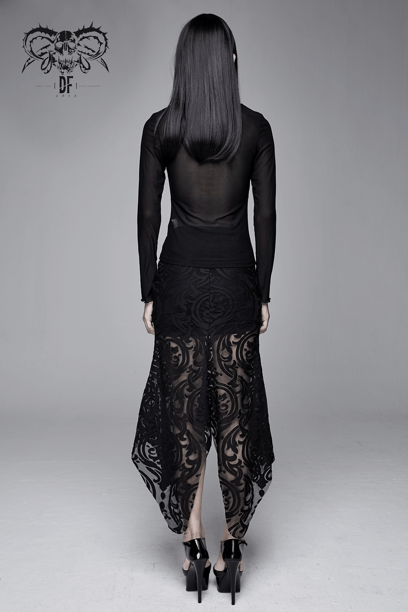 Back view of a woman in a gothic black lace skirt with transparent ruffles and a fitted top, showcasing elegance.