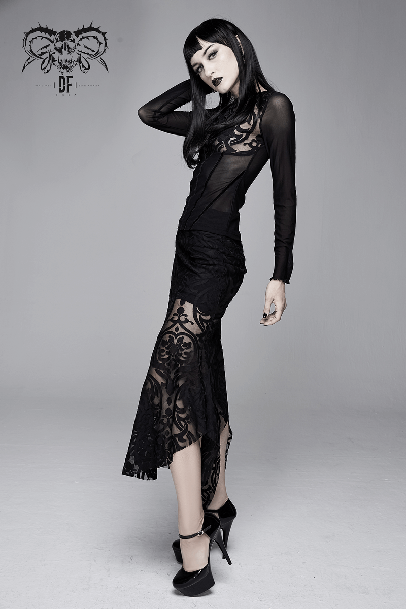 Elegant Gothic black skirt with transparent ruffles, lace details, and high waist fit, perfect for stylish outfits.