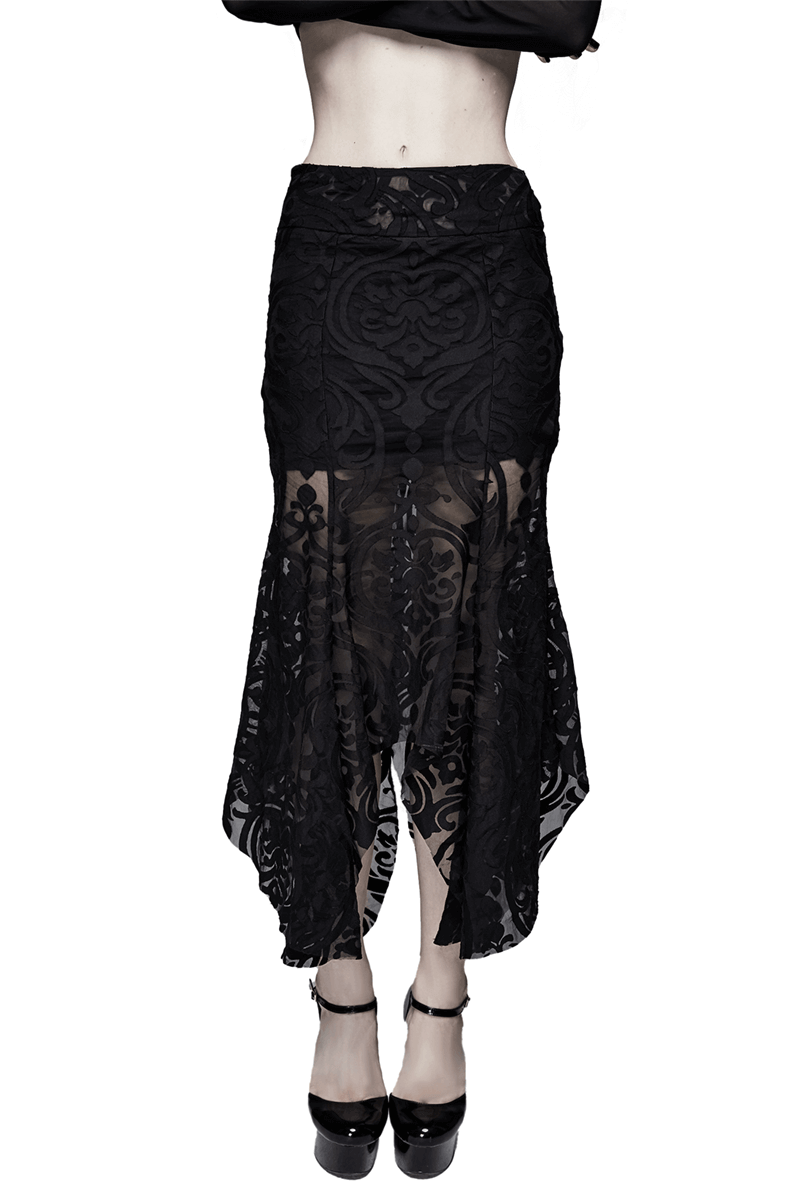 Elegant Women's Black Skirt with Patterns Transparent Ruffles / Gothic Velvet Embossed Skirts - HARD'N'HEAVY