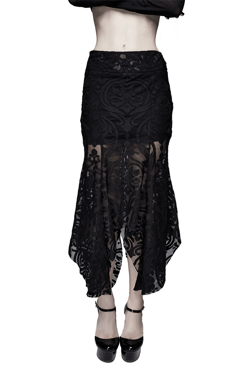 Elegant black gothic skirt with transparent lace ruffles and high waist fit, perfect for chic gothic outfits.