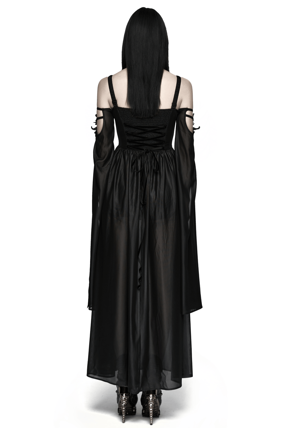 Alt Tag: Elegant Women's Chiffon Maxi Dress with Cape Sleeves black goth maxi dress back view lace-up bodice cold shoulders