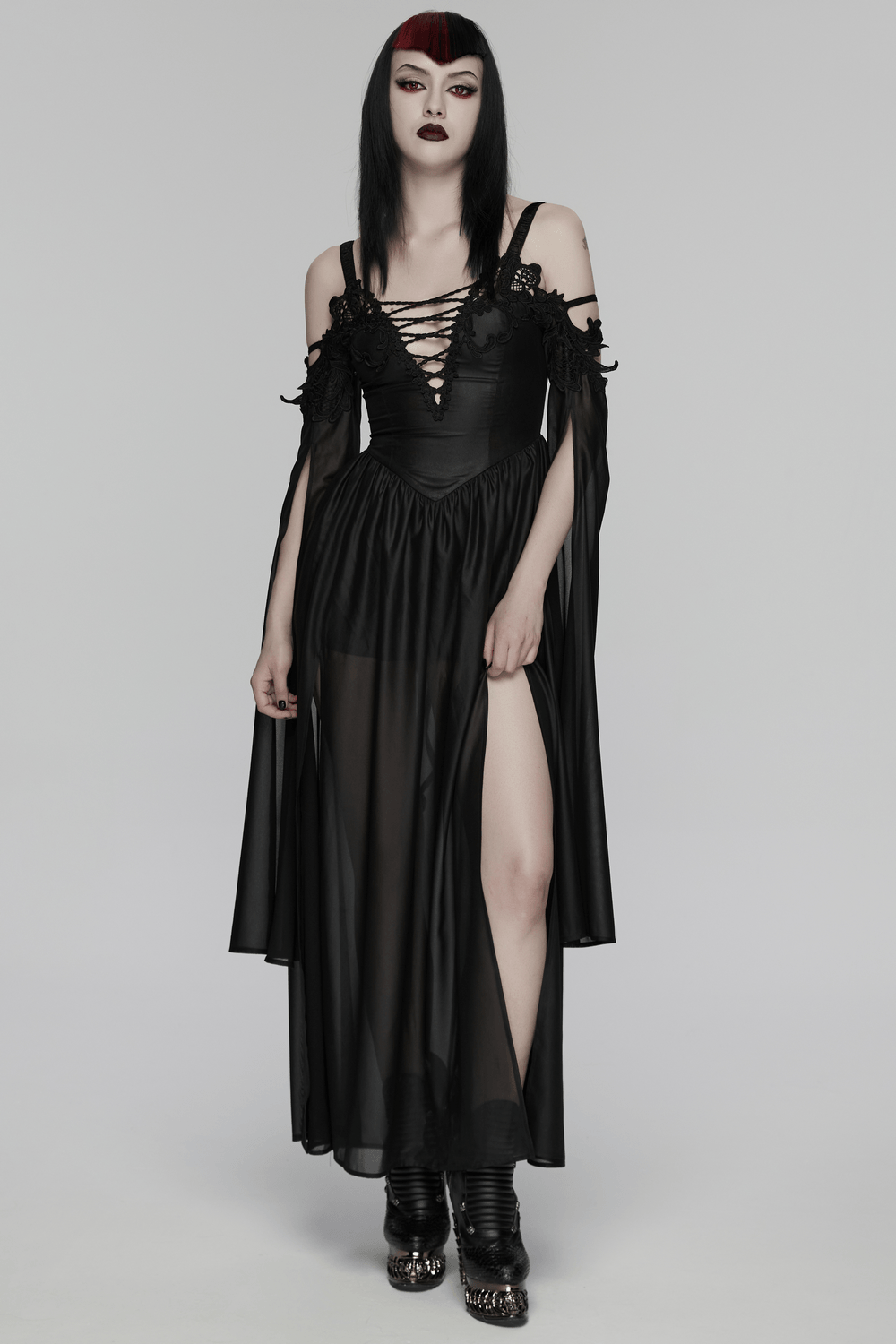 Alt Tag: Elegant Women's Chiffon Maxi Dress with Cape Sleeves – black goth V-neck lace-up cold shoulder maxi dress with slit cuffs