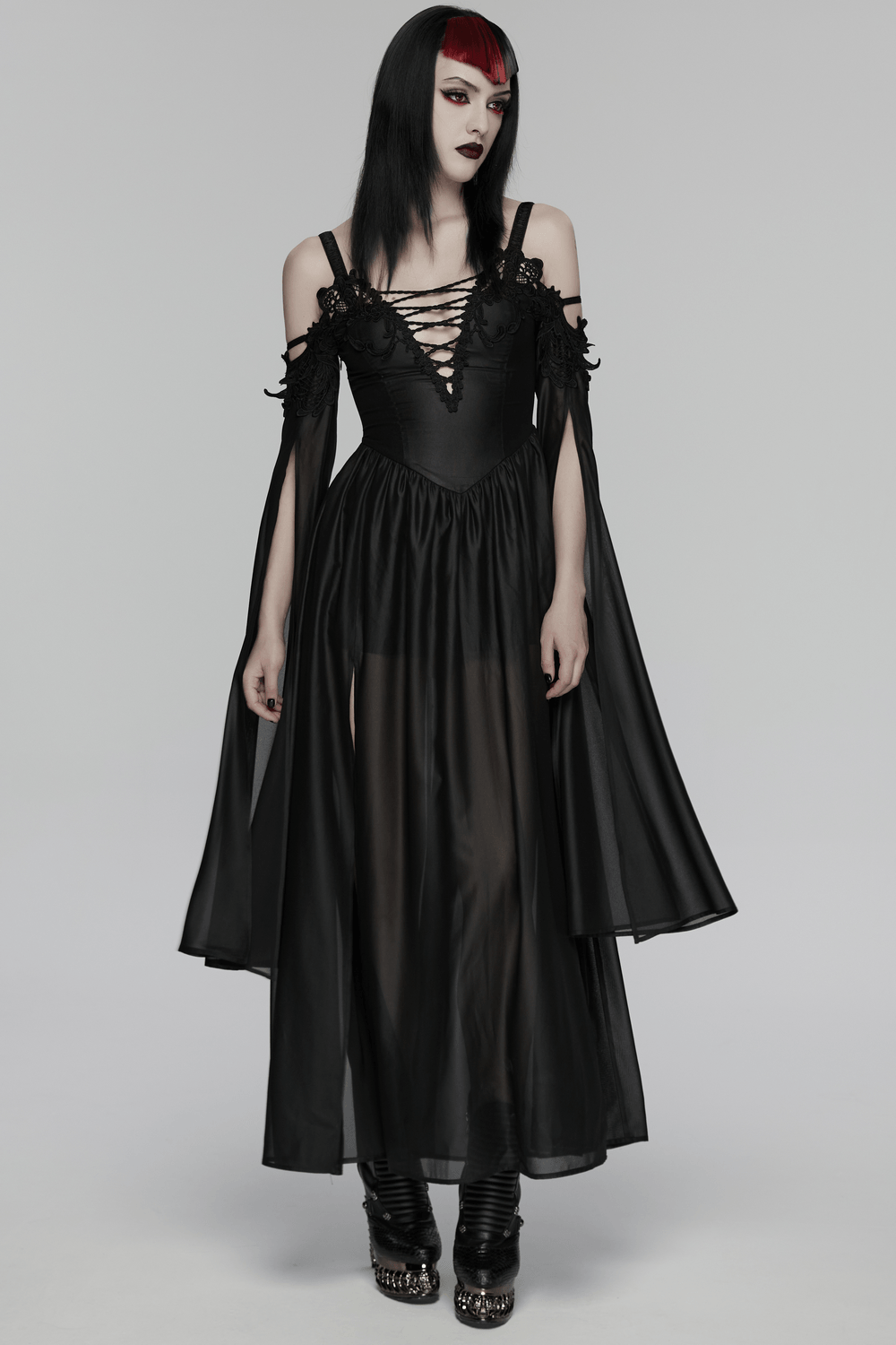 Alt Tag: Elegant Women's Chiffon Maxi Dress with Cape Sleeves black goth V-neck lace-up cold shoulders flowing chiffon maxi dress
