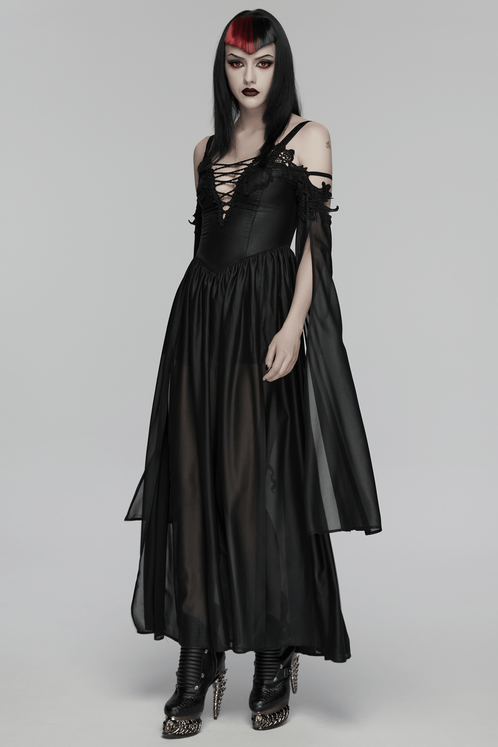 Alt Tag: Elegant Women's Chiffon Maxi Dress with Cape Sleeves black goth V-neck lace-up cold shoulder chiffon maxi dress, flowing cape sleeves