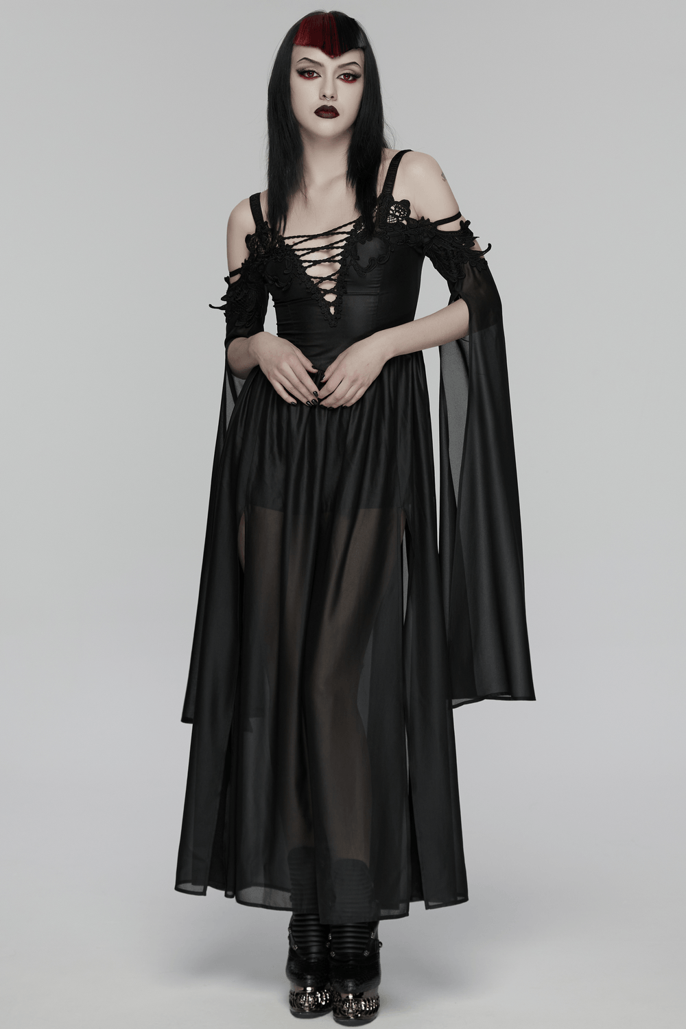 Alt Tag: Elegant Women's Chiffon Maxi Dress with Cape Sleeves black goth V-neck lace-up cold shoulder chiffon maxi dress