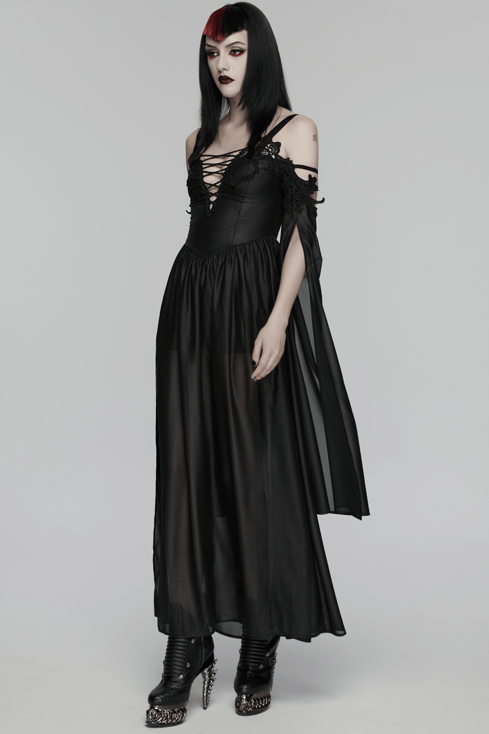 Alt Tag: Elegant Women's Chiffon Maxi Dress with Cape Sleeves in black goth V-neck lace-up cold shoulder maxi dress