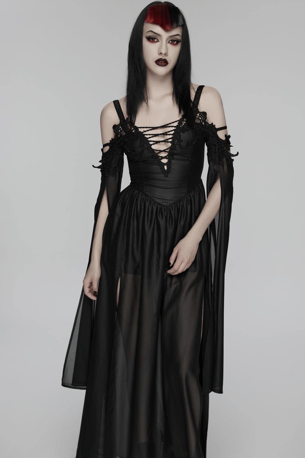Alt Tag: Elegant Women's Chiffon Maxi Dress with Cape Sleeves, black goth V-neck lace-up cold shoulder maxi dress with flowing slit cuffs