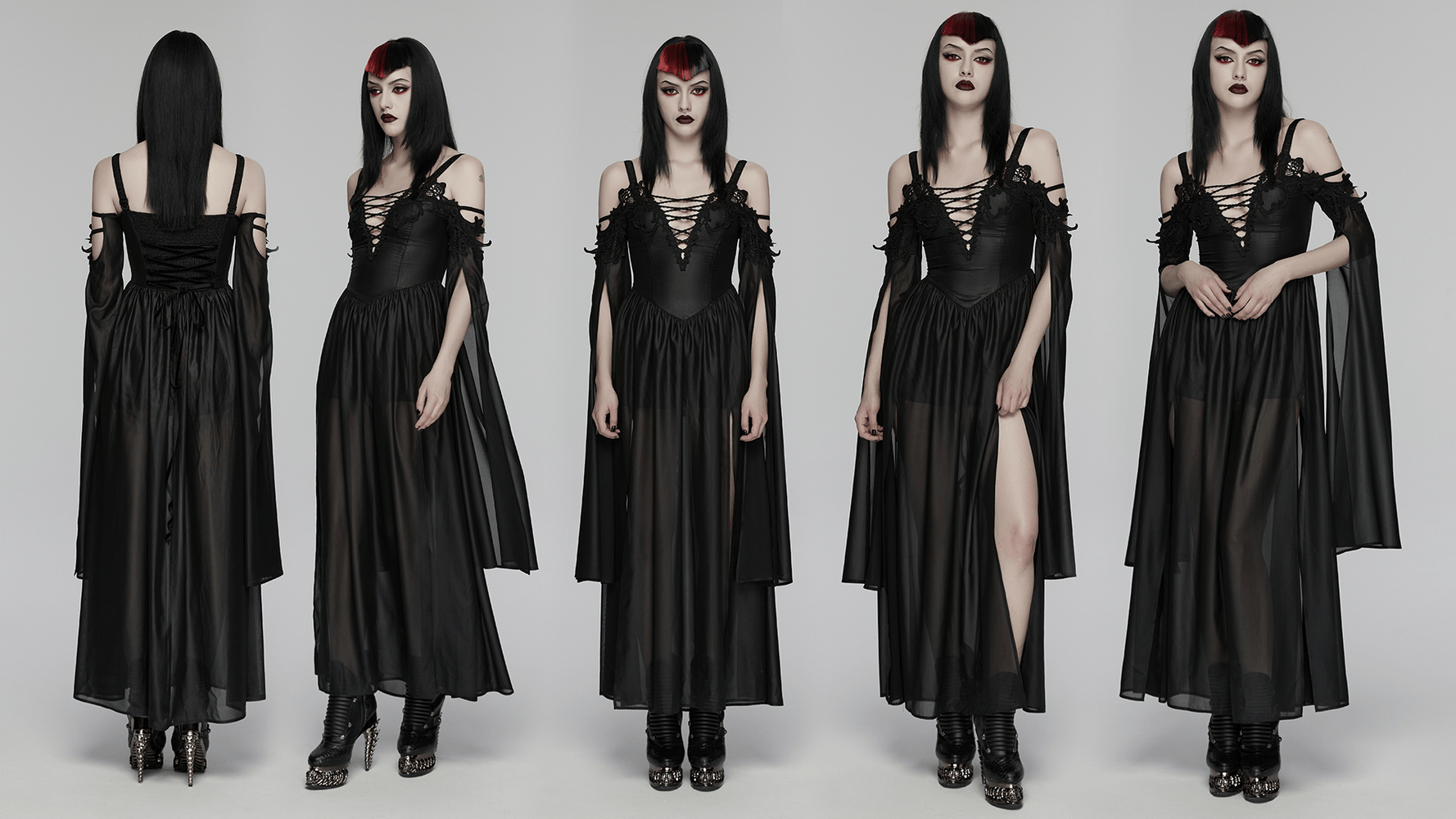 Alt Tag: Elegant Women's Chiffon Maxi Dress with Cape Sleeves black goth V-neck lace-up cold-shoulder maxi dress with flowing slit cuffs