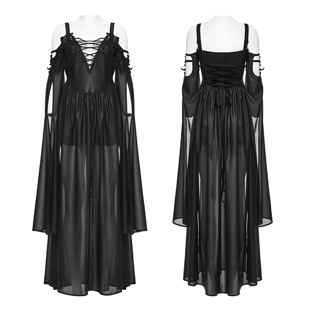 Alt Tag: Elegant Women's Chiffon Maxi Dress with Cape Sleeves black goth V-neck lace-up cold shoulder maxi dress front and back view
