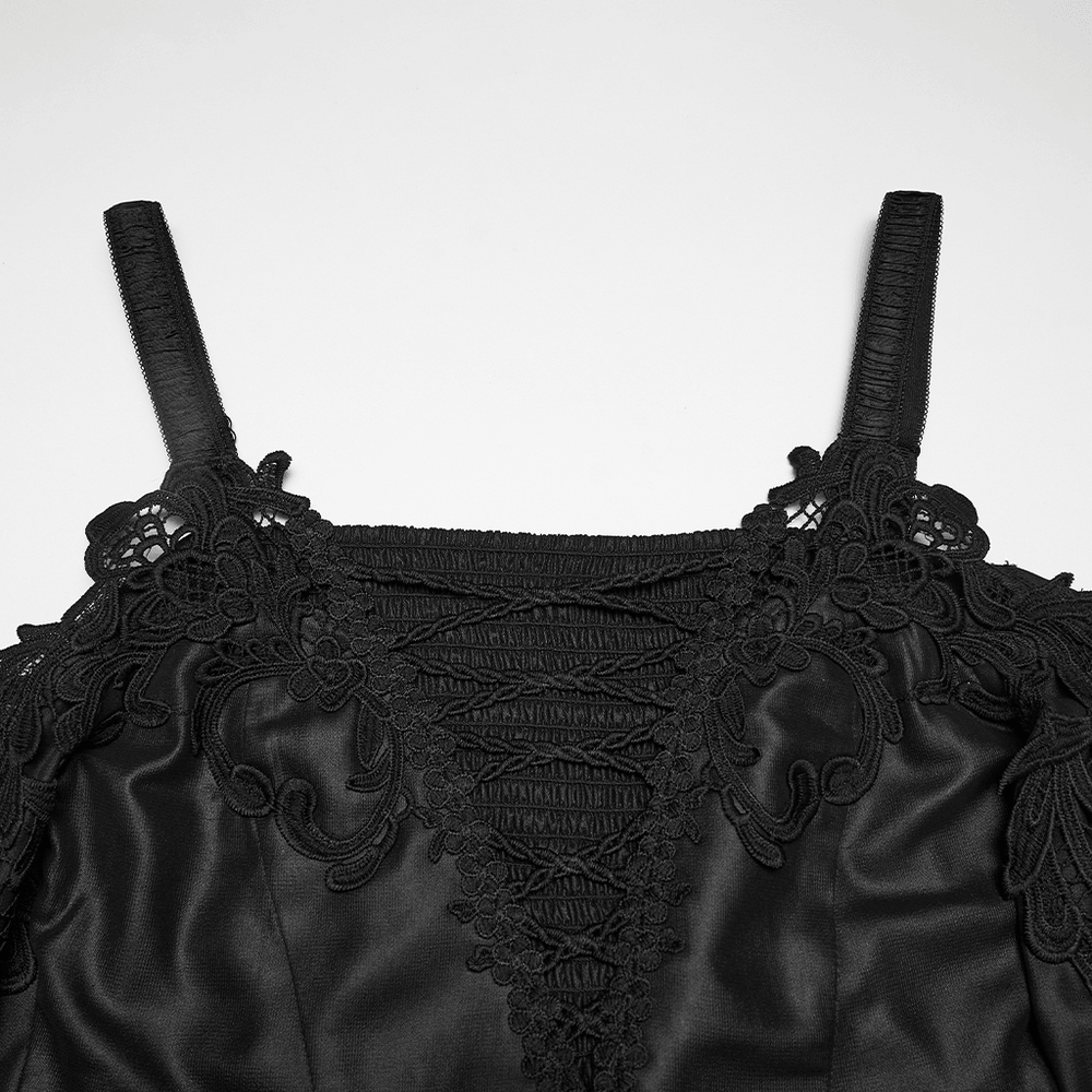 Alt Tag: Elegant Women's Chiffon Maxi Dress with Cape Sleeves black goth bodice close-up with lace-up front, cold-shoulder straps