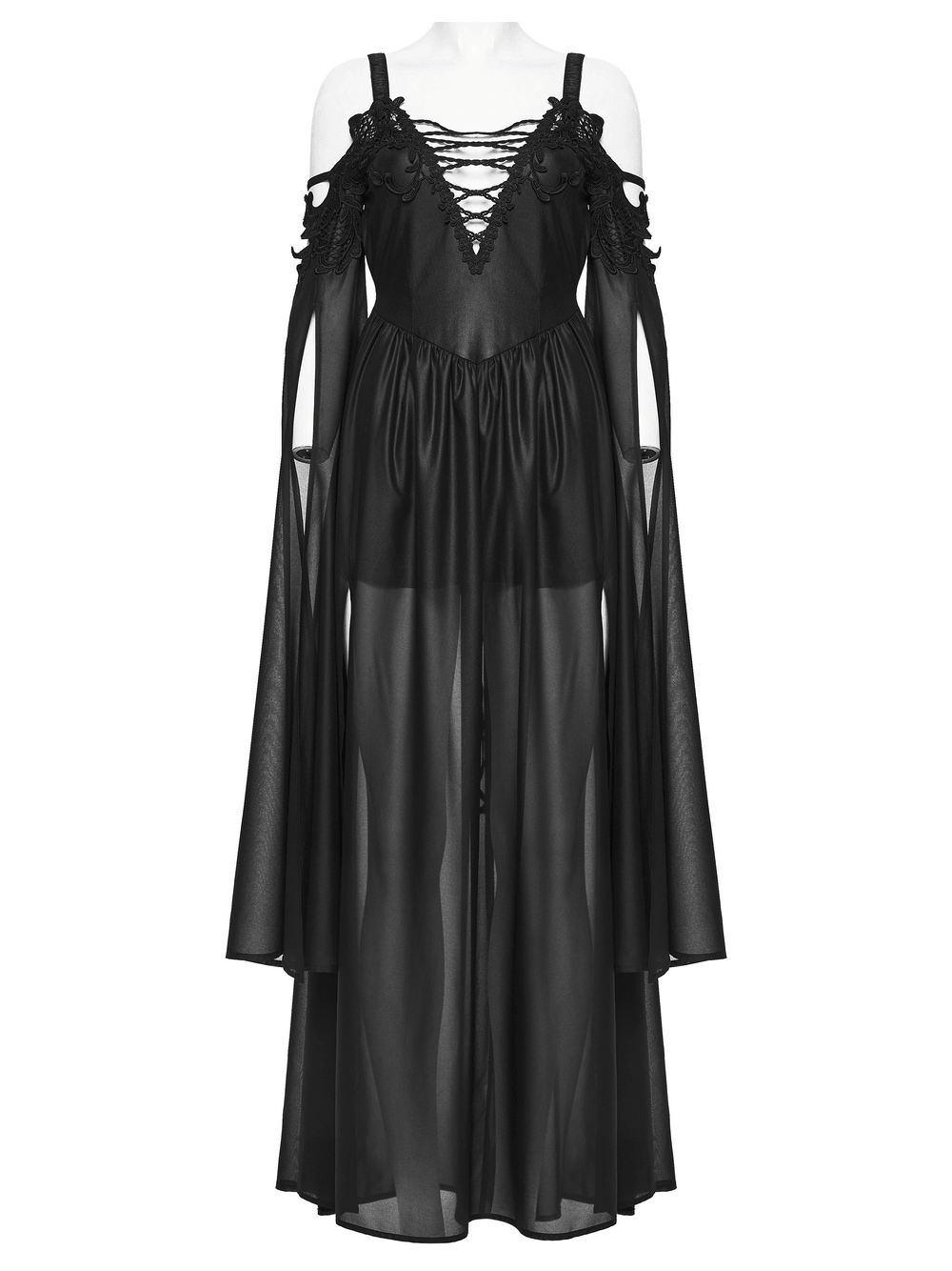 Alt Tag: Elegant Women's Chiffon Maxi Dress with Cape Sleeves black goth V-neck lace-up cold shoulder chiffon maxi dress