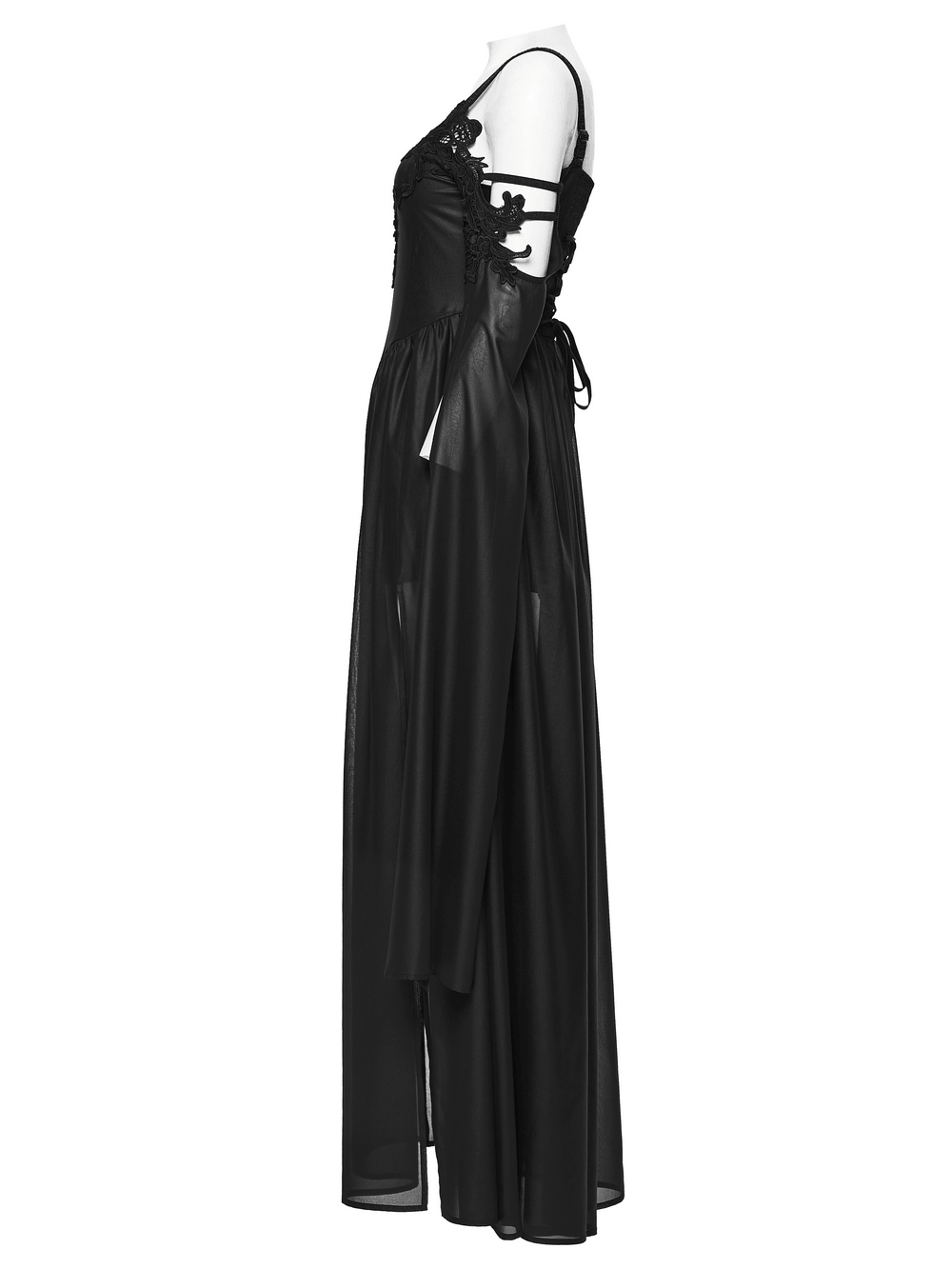 Alt Tag: Elegant Women's Chiffon Maxi Dress with Cape Sleeves - black goth chiffon maxi dress with deep V-neck, lace-up cold shoulders, flowing slit cuffs