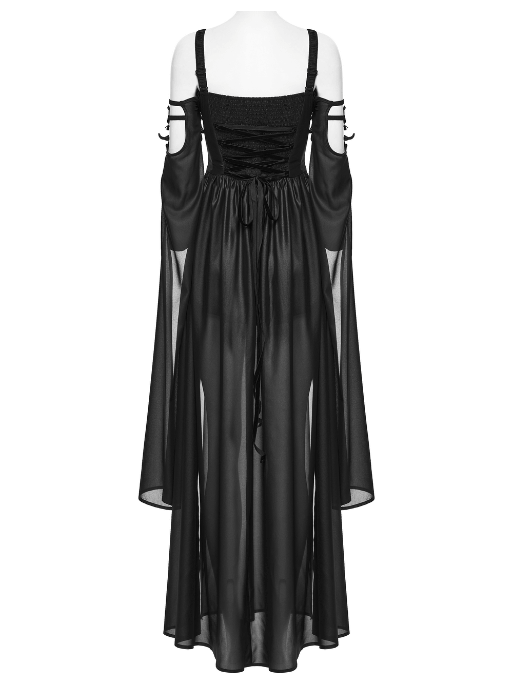 Alt Tag: Elegant Women's Chiffon Maxi Dress with Cape Sleeves black goth V-neck lace-up cold shoulder chiffon maxi dress back view
