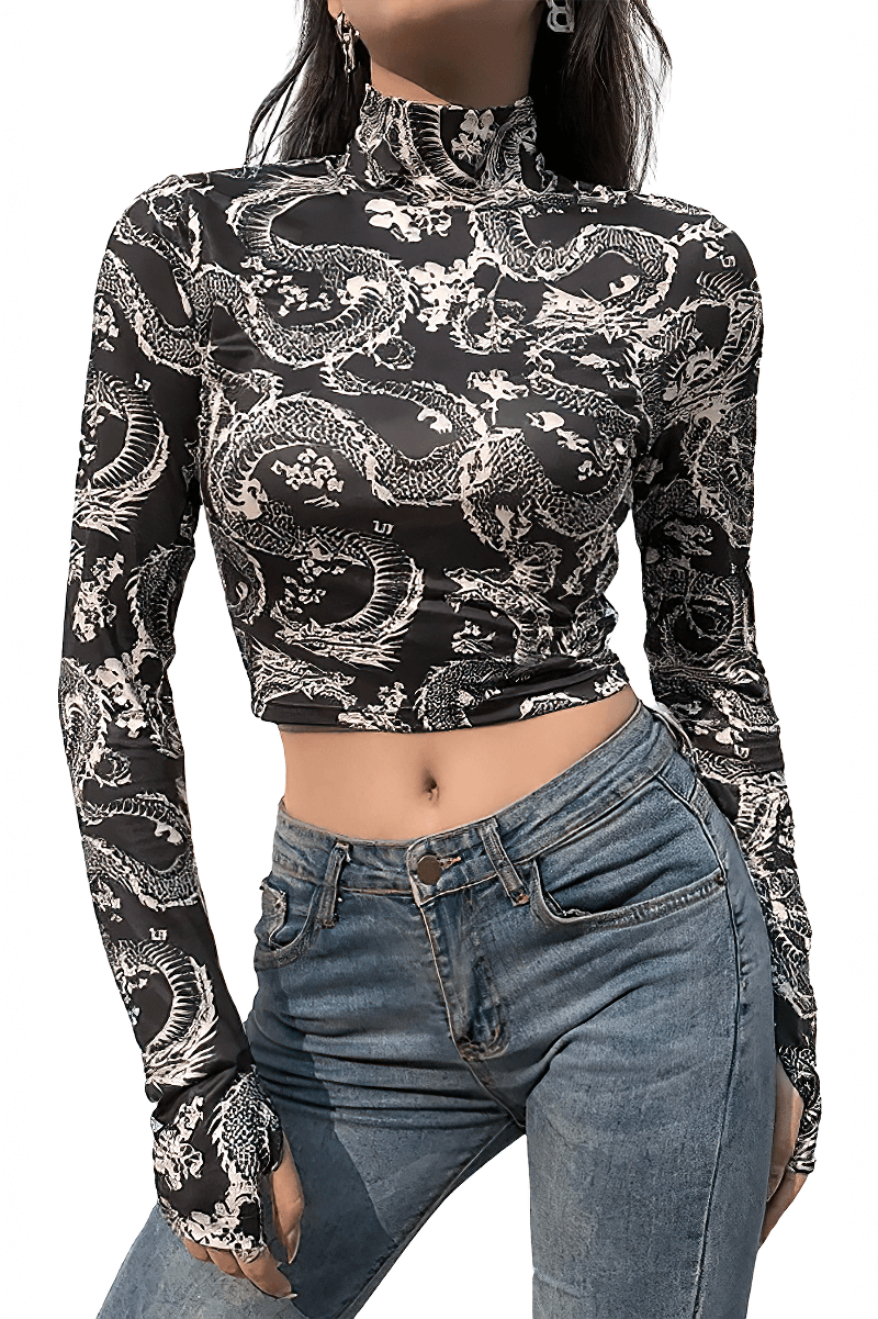 Elegant women's black crop top with floral print, perfect for gothic fashion lovers. Trendy and form-fitting style.