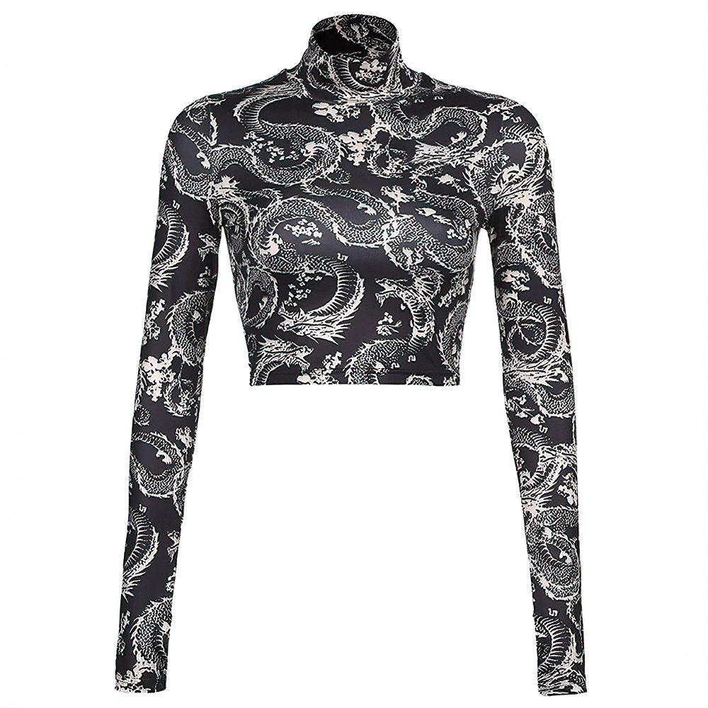 Elegant women's gray crop top with gothic floral print and long sleeves, perfect for a trendy aesthetic look.