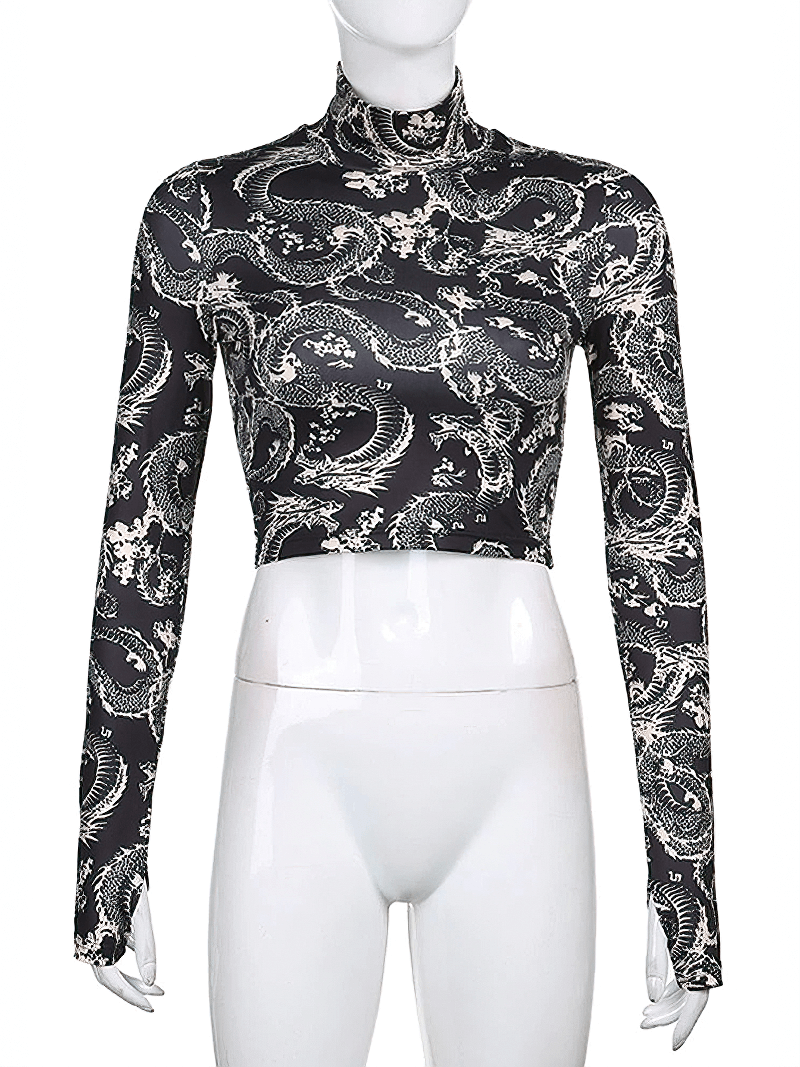 Elegant Women's Crop Top / Gray Gothic Long Sleeve Top / Female Aesthetic Print Top - HARD'N'HEAVY