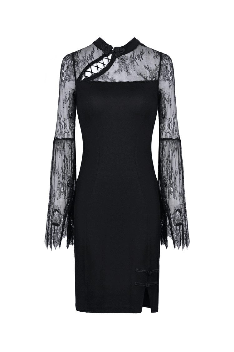 Elegant Women's Evening Dress with Lace Flared Sleeves