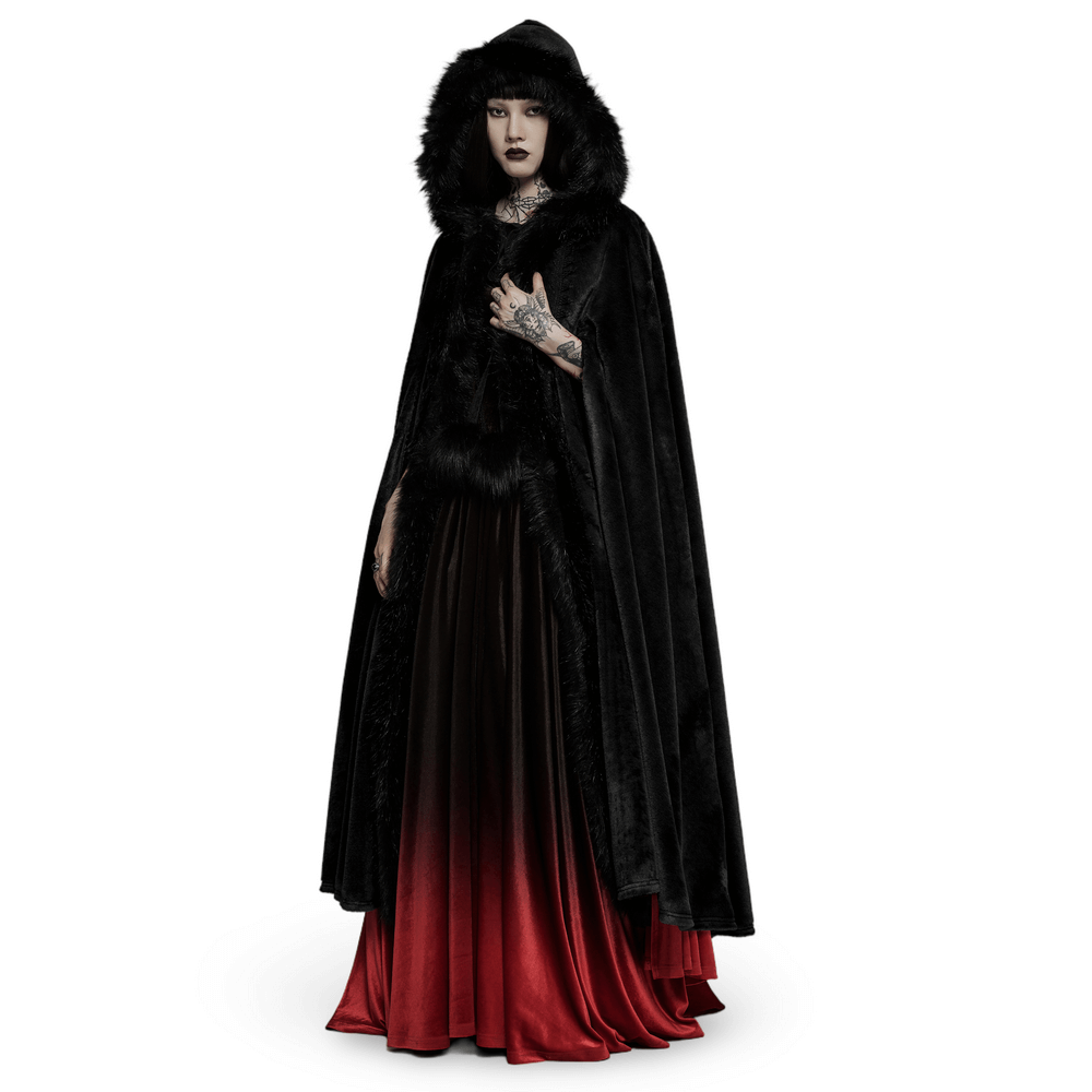 Elegant women's Gothic faux fur velvet cloak with a hood, featuring a luxurious black exterior and ornate hairball straps.