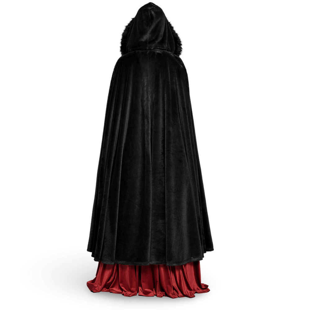 Elegant black velvet Gothic cloak with faux fur hood and red lining, perfect for a dramatic silhouette.