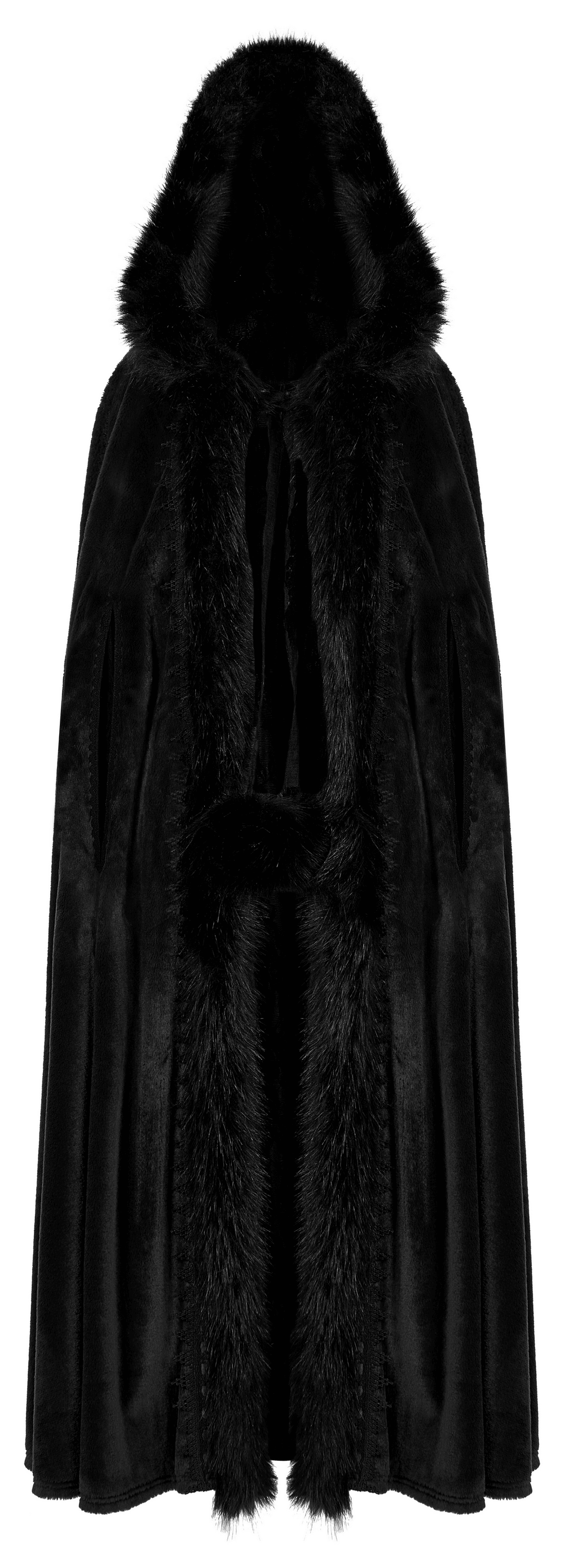 Elegant black velvet gothic cloak with faux fur trim and hood, perfect for adding a dramatic touch to any outfit.