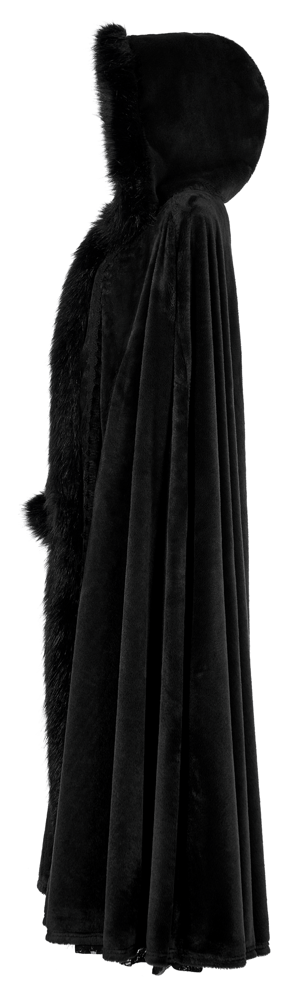 Elegant women's Gothic faux fur velvet cloak, showcasing luxurious fabric and hood for a chic, opulent look.